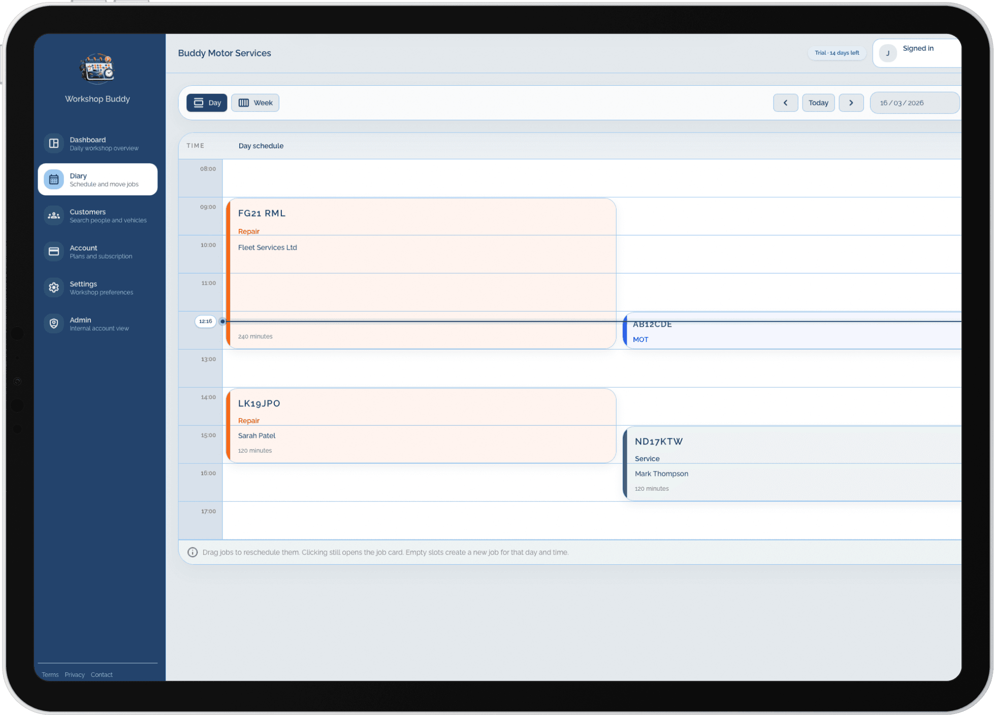 Workshop Buddy garage management software diary screenshot