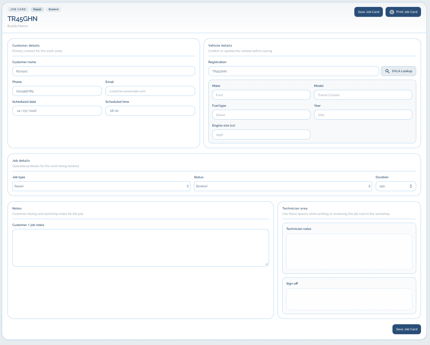 Workshop Buddy garage job card software screenshot